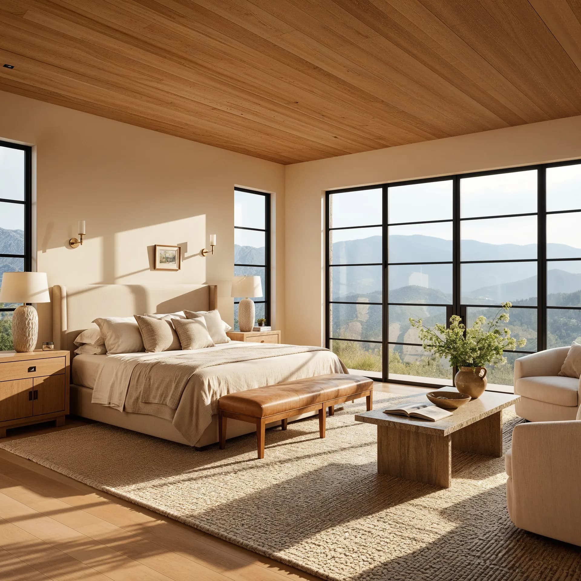 Staged bedroom with mountain views